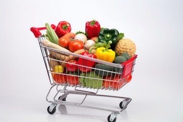 Shopping trolley full with vegetables and fruits. Generative AI.