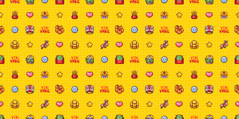 Chinese New Year Seamless Pattern in Pixel Art Retro 8bit Style. Cartoon Festive Ornament For Lunar Chinese New Year Decoration. Yellow Grid Asian Vector Game Arcade Motif. Dragon Mask, Red Envelope.