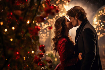 New Year's kiss, A couple in festive clothes kisses against the backdrop of warm light and a Christmas tree with festive lights.