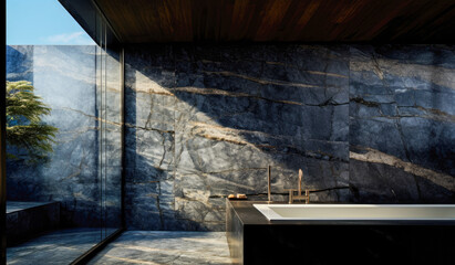 A bathroom with a black tub and rock wall.