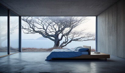 A bedroom with large windows facing a tree.