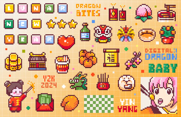Pixel Art for Chinese New Year and Lunar New Year. Set of 8bit Game Elements - Dragon, Food, Blessing, Traditional Costume, Incense, Fireworks, Temeple, Mandarins, Flowers. Vector Y2k Cute Stickers.