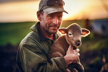 A farmer holds a newborn calf in his arms. Animal husbandry and agriculture. The birth of a calf on a small farm. Cattle breeding. Livestock farming in rural areas.