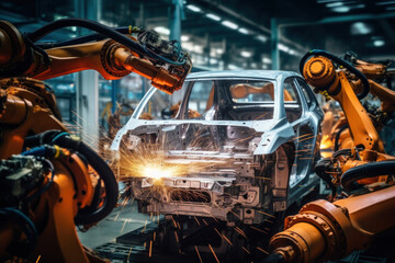 Assembly line for the production of modern cars. Robots weld a car body on a conveyor belt. Automated assembly. Modern technologies.