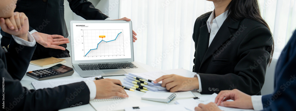 Poster business intelligence analyst team use bi software on laptop to analyze financial data dashboard. bu