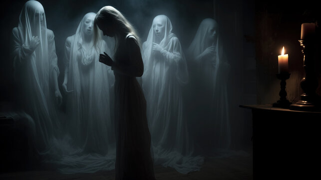 Eerie figures surround woman by candlelight.