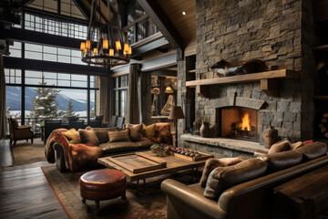 Fototapeta na wymiar Cozy mountain cabin with a stone fireplace, log walls, and rustic furnishings