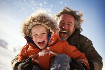 Dad and son happily sled down the hill - obrazy, fototapety, plakaty