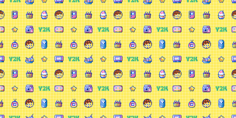 Seamless Y2K Background. Pixel Art Dessert Design: Retro 80s and 90s Cartoon Sweets, Cookies and Cherries.