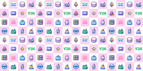 Y2K Pixel Art Background. Retro 80s and 90s Design with Cartoon Frog, Tasty Watermelon and Ice Cream. Seamless Vector Pattern, Arcade Computer Game Motif, Kid's Wallpaper Decoration in Pink and White