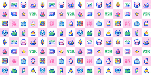 Y2K Pixel Art Background. Retro 80s and 90s Design with Cartoon Frog, Tasty Watermelon and Ice Cream. Seamless Vector Pattern, Arcade Computer Game Motif, Kid's Wallpaper Decoration in Pink and White