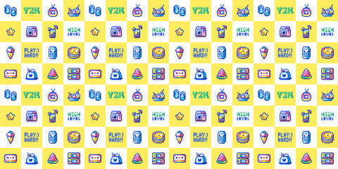 Seamless Retro 8-Bit Pixel Art Pattern. Summer Vacation, Ice Cream and Watermelon - Y2K Inspired Vector Design for Kids Wallpaper, Cute Wrapping Print and Fun Motif.