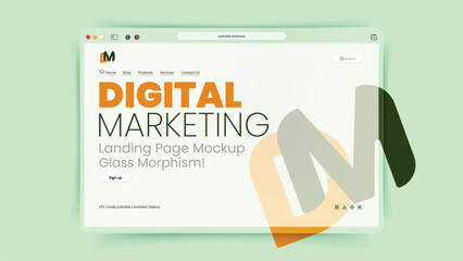 3d Digital Marketing Landing Page Mockup in glassmorphism style. Trendy vector illustration abstract mint tea green color background presentation template 