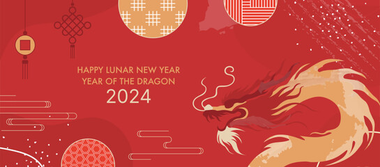 2024 Year of the Dragon. Chinese New Year Celebration Banner Design. Traditional, Festive, and Artistic Lunar Year Illustration Diagonal Template for Greeting Cards and Events - obrazy, fototapety, plakaty