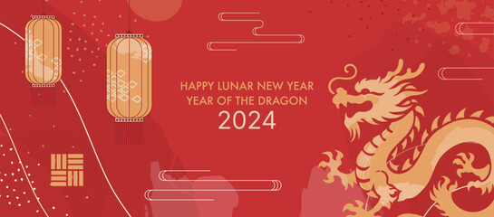2024 Chinese New Year Banner. Year of the Dragon Card Template Design with Golden Dragon and Traditional Paper Festival Lanterns Background. Traditional Luxury Decorations. - obrazy, fototapety, plakaty