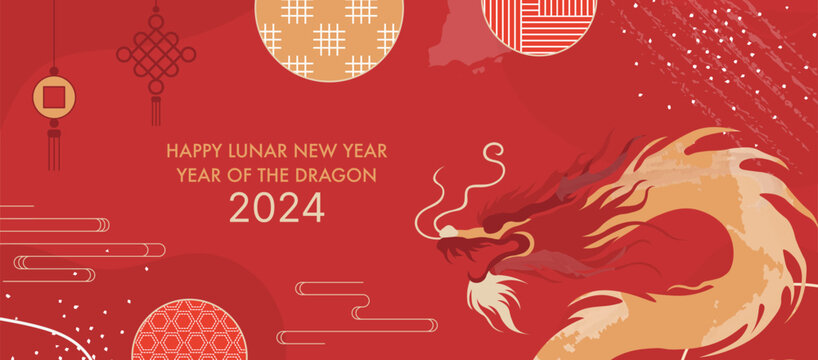 2024 Year of the Dragon. Chinese New Year Celebration Banner Design. Traditional, Festive, and Artistic Lunar Year Illustration Diagonal Template for Greeting Cards and Events