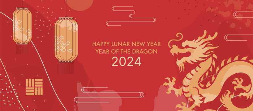 2024 Chinese New Year Banner. Year of the Dragon Card Template Design with Golden Dragon and Traditional Paper Festival Lanterns Background. Traditional Luxury Decorations.