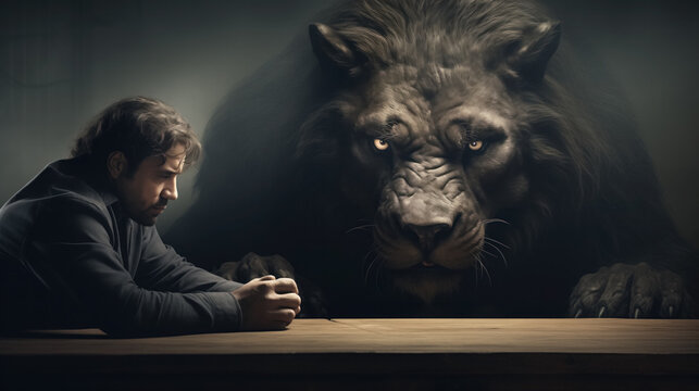 Man in contemplation, giant lion watching.