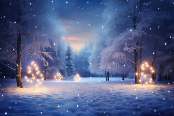 Snowy evening landscape in the forest with Christmas lights and starry sky. Snowy winter path in...