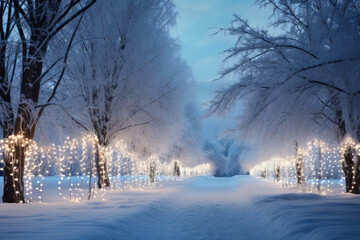 Snowy evening landscape in the forest with Christmas lights and starry sky. Snowy winter path in...
