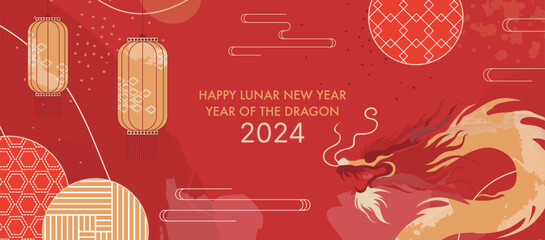 Lunar New Year 2024 Dragon Banner. Festive Chinese Celebration Design with Traditional Lanterns and Modern Artistic Illustration - obrazy, fototapety, plakaty