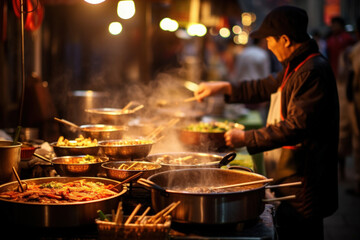 Fototapeta na wymiar Asian street food market with a chef cooking woks