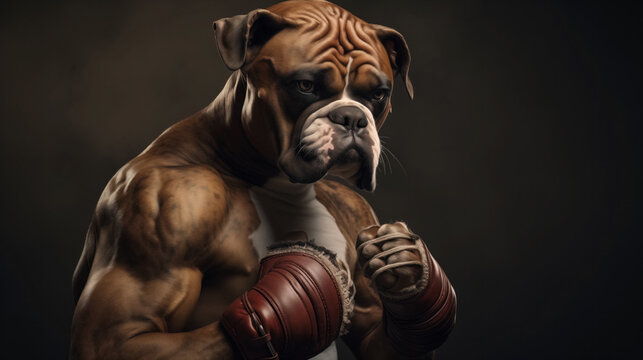 Muscular bulldog in boxing stance.