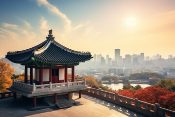 Beautiful view of traditional Hyangwonjeong pavilion. korean pavilion. traditional korean house. 