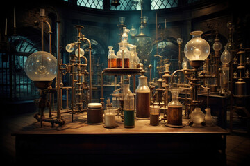 Victorian laboratory with intricate scientific apparatus, vials, and curious experiments - obrazy, fototapety, plakaty