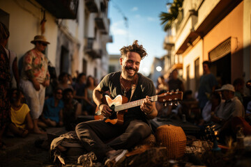 Male musician playing guitar on the street among a crowd of street musicians