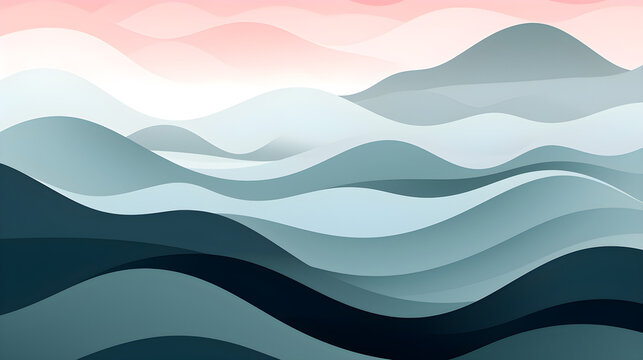 ocean sky ocean waves abstract paper cut background, in the style of muted palette, graphic illustration, abstract minimalism appreciator, mountainous vistas, flowing forms, pink and gray