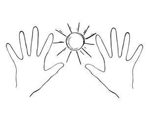 Hands and sun, Reaching for the Sun, protection from sun, natural power of solar energy. Doodle style, vector illustration of sun and human hands. Sunburst illustration.