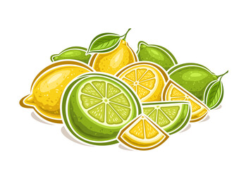 Vector logo for Lemon and Limes, decorative horizontal poster with cartoon design fruity lemon still life composition, fruit print with many whole and chopped juicy part of ripe raw lemons with leaves - obrazy, fototapety, plakaty