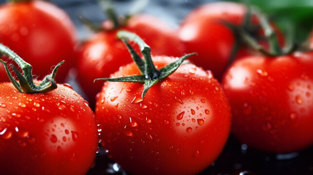 stockphoto, A group of red tomatoes with droplets. Concept of healthy food. Fresh vegetables. Concept of vitamines. Vegan food.