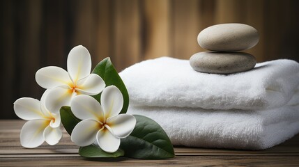 Fototapeta na wymiar Towel jasmine flowers and spa massage stones