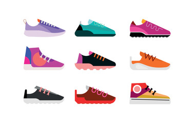 Fashionable sneakers collection. Set of multicolored vector icons isolated on white background. 