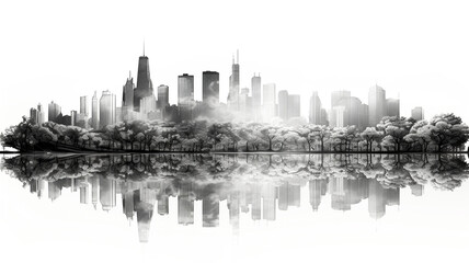 Pencil sketch of a large city surrounded by nature.