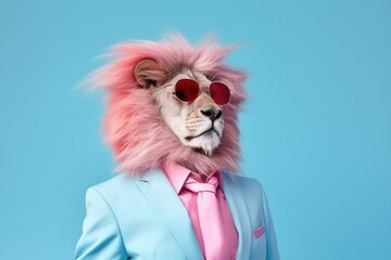 Funny lion portrait in fashion stylish outfit on blue background in studio