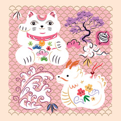 Awesome maneki-neko cat   for prints  Modern cute japanese template design with lucky charms - Maneki Neko Vector flat trendy illustration