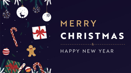 プレゼントやオーナメント、ジンジャーブレッドマンで飾られたクリスマス背景テンプレート（青）　Christmas background template decorated with presents, and ornaments gingerbread men (blue)