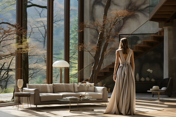 a woman walking in a elegant modern villa living room with wooden high ceiling and full height windows 