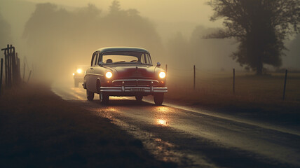 Vintage Silver Classic Car in 19th Century Countryside at Dusk: