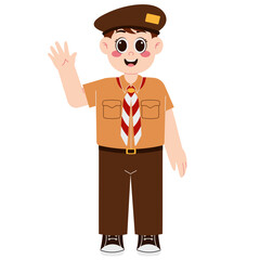 Happy Boy In Scout Hat Waving Illustration