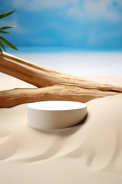White round podium for product display on sandy beach, palm leaves, tree branch and with blue sky background. High quality photo
