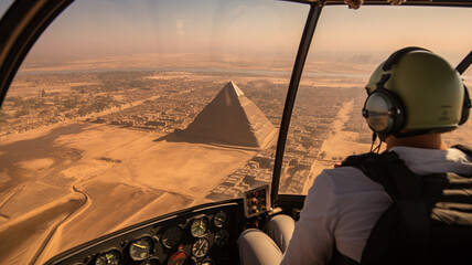 helicopter ride passenger view overlooking the great pyramid