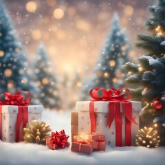 Regalos de Navidad con fondo de Pinos Nevados y luz brillante de Fondo