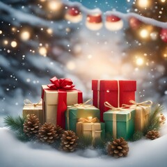Fototapeta na wymiar Regalos de Navidad con fondo de Pinos Nevados y luz brillante de Fondo