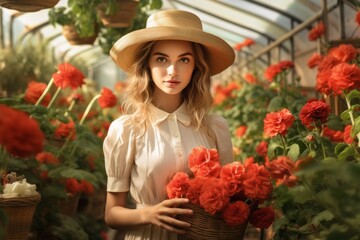 Florist girl with flowers in the greenhouse. Valentine's day concept. generative ai.