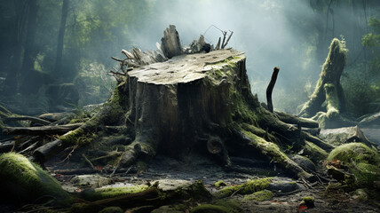A tree stump that was illegally cut in the middle of the forest.
