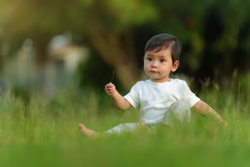 infant baby sitting and playing grass flower in field at park